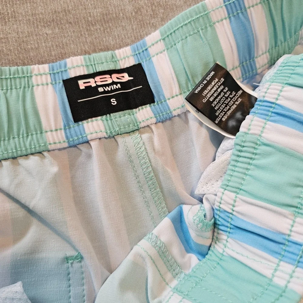 Tilly's RSQ Swim Shorts Men's Small No Lining Green Blue White Retro Stripe NWT